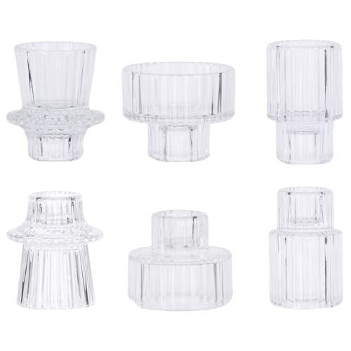 AuroTrends Fluted Glass Taper Candle Holders for Candlesticks 3Pack, Table Centerpieces -Wedding and Dinner Party Decor (Transparent, Set of 6)
