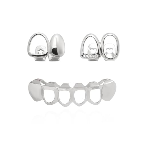 Parrillas de circonio de Triple Barra Hueca Dientes de Oro Lisos Hip Hop Accesorio versátil Tapas de Dientes para Mujeres Hombres Joyería Cosplay Regalo,002