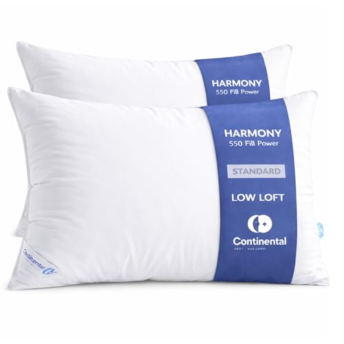 Continental Bedding Harmony White Goose Down Pillow 550 Fill Power Soft Loft 100% Cotton 300 Thread Count Shell Standard Size 2 Pack Made in USA