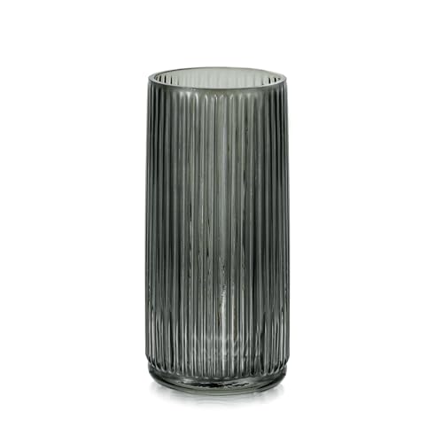 Hewory Florero de cristal para decoración de mesa: 20 cm, jarrón gris de cristal para flores, jarrón de cristal acanalado, jarrón grande gris oscuro, moderno para decoración de salón, decoración del