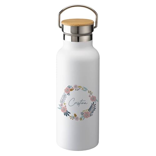 Botella Térmica Personalizada con Nombre Diseño Floral Flores Botellas de Agua Acero Inoxidable Tampón Ancho Bambú Doble Capa 500 ml Bebidas Frias y Calientes