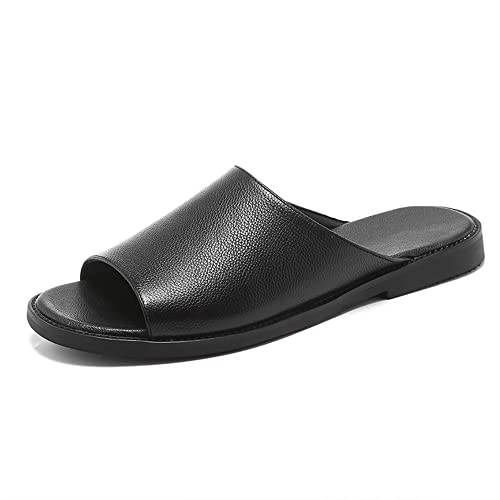 Men's Slide Sandals Open Toe Leather Single Layer Wide Strap Non Slip Summer Slipper Shoes