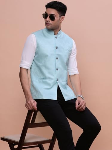Image of SHOWOFFFF Men Woven Design Ethnic Nehru Jacket | Mandarin Collar Sleeveless Cotton NehruJacket for Mens | Slim Fit Regular Length NehruJackets for Men's