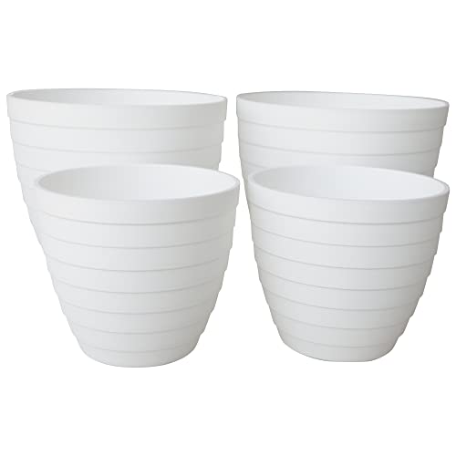 Mypicompany. 2 Macetas Decorativas de 18 cm + 2 Macetas Pequeñas de 13 cm en Color Blanco. Maceteros Decorativos Interior. Macetas Exterior. Macetas Plastico. Tiestos para Plantas.