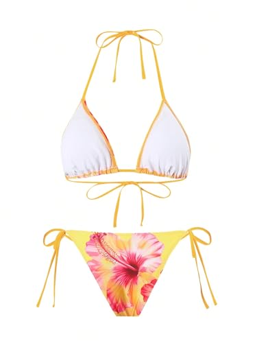 Image of ZAFUL Women's 3 Piece Swimsuit Floral Halter Triangle String Bikini Tie Side Bottom with Boho Cover Up Skirt