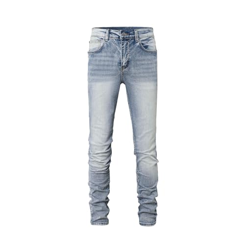 Men's Casual Elastic Tight Denim Straight Leg Mid Waist Jeans with Pockets