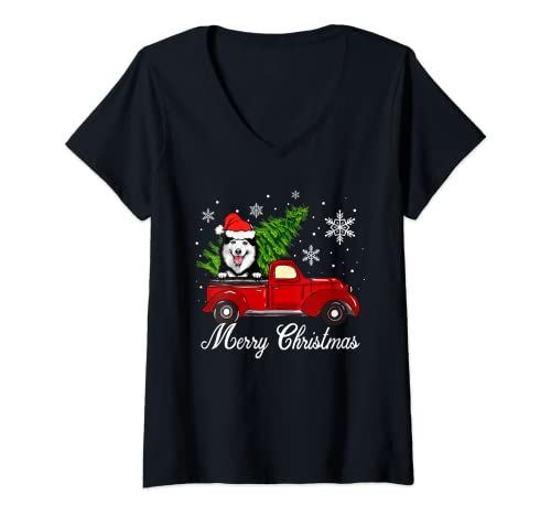 Mujer Husky Dog Riding Red Truck - Pijama de Navidad Camiseta Cuello V