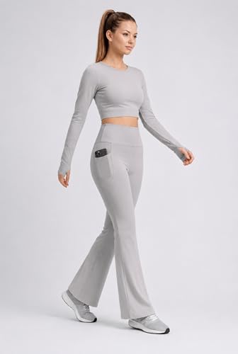 Image of PINAAK FASHION Women's Yoga Co-Ord Set | Full Sleeve Crop Top & Flared High Waist Yoga Pants with Pocket | Thumb Hole Sleeves | Bell Bottom Gym Wear Activewear Tracksuit for Workout, Running & Lounge