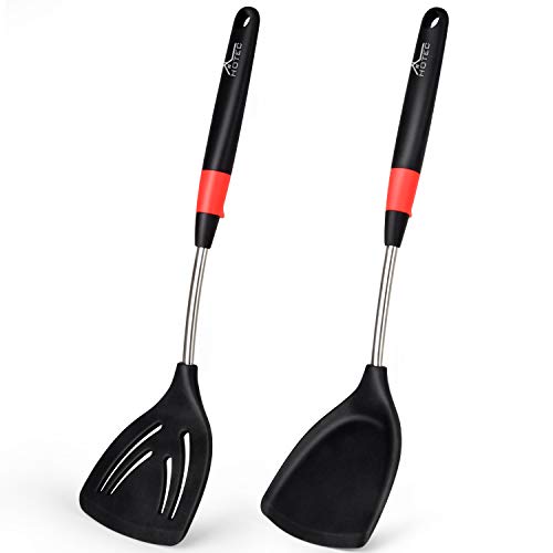 Hotec 2 pieces Flexible Silicone&Stainless Steel Turner Spatula Set Heat-Resistant Non-stick Kitchen Utensils