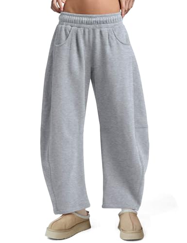 FACDIBY Womens Barrel Sweatpants Fleece Lined Wide Leg Baggy Sweat Pants Interior Drawstring Athletic High Waisted Lounge Sweats with Pockets Grey M