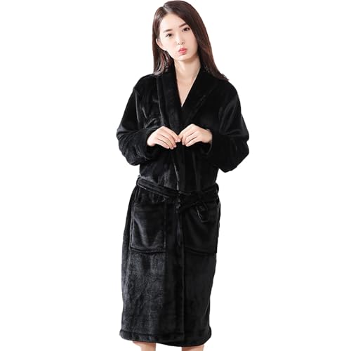 Generisch Bata de invierno de felpa cálida para mujer, pijama de forro polar largo, cómodo y suave, Negro , XL
