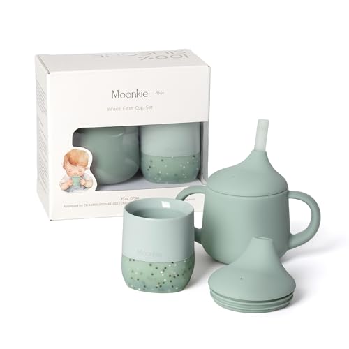 Moonkie Baby Training Cup & Sippy Cup Set | 4 Months+ | Baby-Led Weaning Essential | Gift for Infants (Mint Cup Set, 2 Pack)