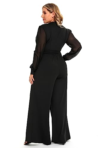 Red Dot Boutique 701 - Jumpsuit Plus Size Mesh Long Sleeves V Neck Wide Pants (3X, Black) #TOP2