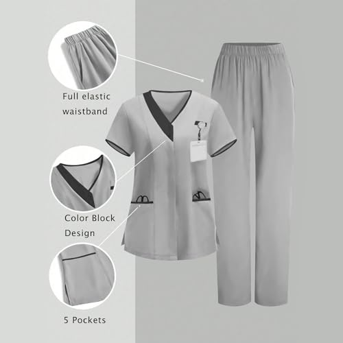 Image of 2026 Scrub for Cleaning Jobs Uniform, Multi Pockets Scrubs for Women Sets, V-Neck Top & Straight Leg Pants Scrubs Set