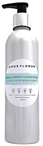 100% Natural - ACONDICIONADOR - REPARA Y CRECE - ACEITE DE COCO, RICINO, ARGÁN Y ROMERO 250 ml - por AMOR FLORUM - Sin Sulfatos, Sin Parabenos, Sin Silicona. Concentrado, Fàcil de Enjuagar.