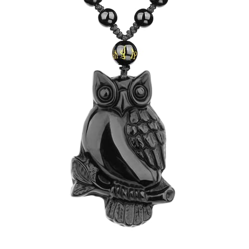 VIKCAUX Owl Necklace Black Obsidian Animal Amulet Protection Pendant with