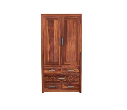 Image of Solid Wooden Wardrobe for Clothes | Solid Wood 2-Door Wardrobe with 5 Drawer Storage | Storage Cabinet for Your Living Room (Teak)| (Hony)
