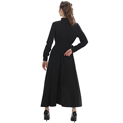 Church Dress For Women Long Sleeve Loose Elegant Clergy Maxi Dress With Tab Insert Collar And Belts Black #TOP2