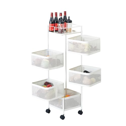 5-Tier Kitchen Storage Cart Fruit and Vegetable Basket Rotating Storage Rack Rolling Snack Cart Metal Rolling Carts with Wheels for Fruit Potato Vegetable Snack White
