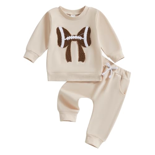 Image of Karuedoo Toddler Baby Girl Football Clothes Football Bow Embroidery Long Sleeve Sweatshirt Top Pants Set 2Pcs Fall Outfits
