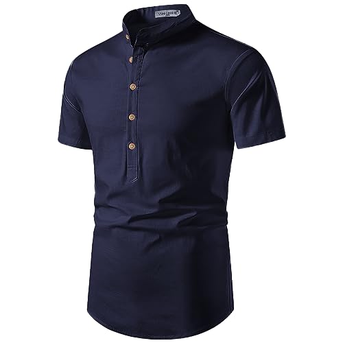 Image of Vida Loca Men's Cotton Linen Plain Stitched Half Sleeve Shirt