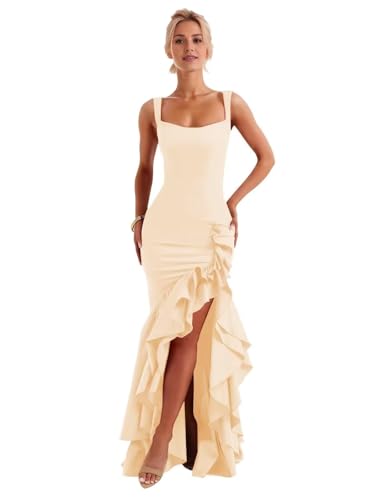 Womens Tight Mermaid Prom Dresses Black White 2025 with Slit Ruffle Square Neck Cocktail Dress