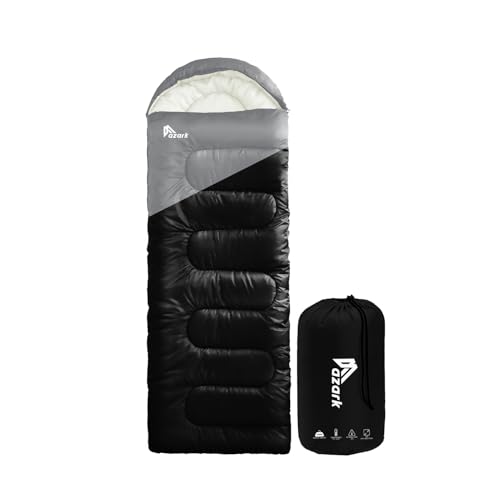 azark Premium Lightweight Sleeping Bag for Adults & Kids, 400 GSM, 4 Season Waterproof Sleeping Bag, Comfortable & Portable, Machine Washable, Camping & Hiking Essential (Black/Grey)