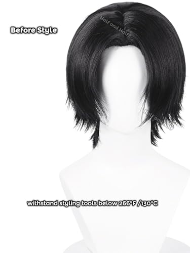 Image of Chrollo Cosplay Wig Short Emo Black Anime Male Wig with Center Part Bangs | Black Layered Costume Wigs Synthetic Hair for Women Unisex Halloween Party