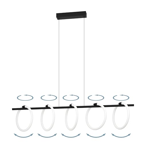 Eglo Led Lampada A Sospensione Caranacoa, Lampada Sospesa Per Tavolo Da Pranzo A 5 Luci, Lampada Da Sala Da Pranzo In Metallo Nero Con Anelli In Plastica Bianca, Luce Bianca Calda - 3
