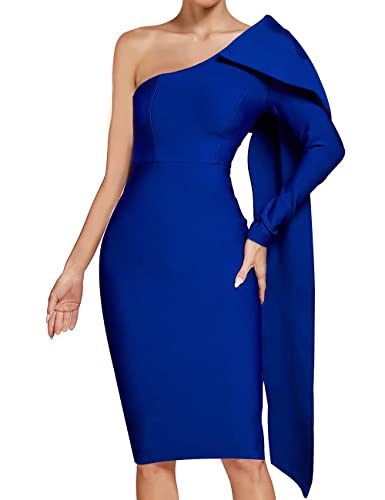 Image of UONBOX Women's One Shoulder Bowknot Long Sleeve Bodycon Knee Length Club Party Bandage Dress