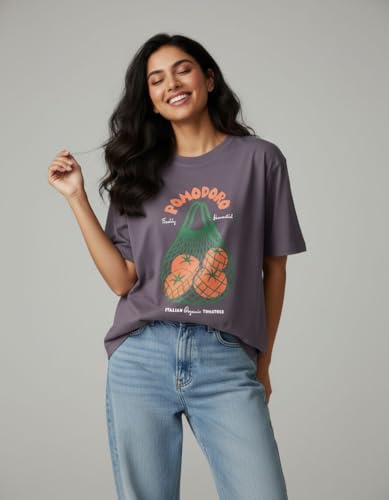 Image of Oversized Cotton T-Shirt for Women Half Sleeve Pomodoro Printed Tee - Breathable Loose Fit Asthetic Casual Wear for College and Daily Ou Outfits, Streetwear