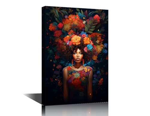 Tableau femme noire vintage décoré de fleurs affiche encadrée pour salon 40x60 cm