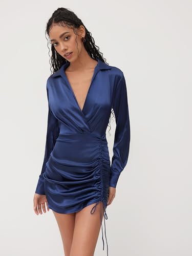 CIDER Satin Women Mini Shirt Dress Long Sleeve Collar Drawstring Waist Party Elegant Short Dress2