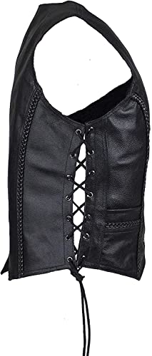 Womens Black Leather Motorcycle Vest With Braid On Front And Back Side Laces (As1, Alpha, 4X_L, Regular, Regular) #TOP5
