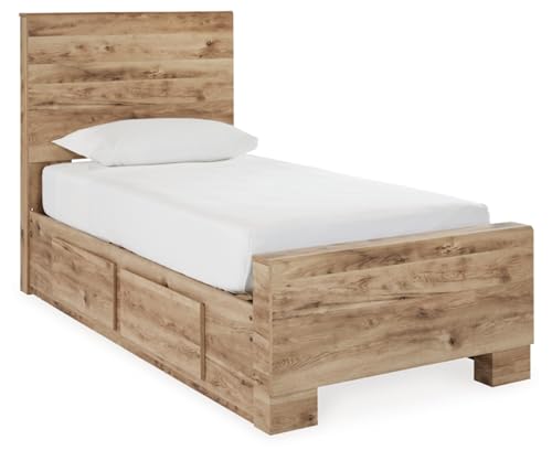 Image of Signature Design by Ashley Hyanna Twin Panel Bed with Storage Drawers | Bed frame with storage, Golden rustic replicated oak finish, 4 built-in track drawers, No box spring required