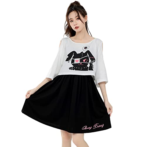 Teen Girls Off Shoulder Casual Dress Fashion Two Piece Set Cute Bunny 3/4 Sleeve Summer Cute Dresses