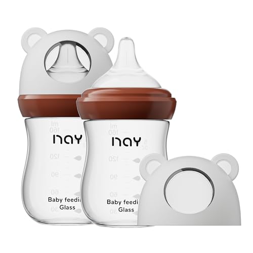 Image of yanyoyo Natural Glass Baby Bottle for Breastfeeding Babies, 5.4oz Anti-Colic Baby Bottle with Natural Response Nipple(S), Clear, Wide Neck, 2 Pack, 1 Months+