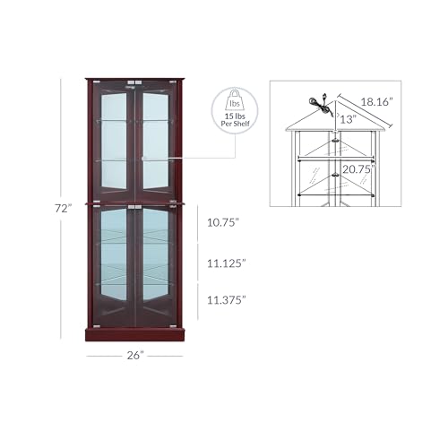 Image of BELLEZE Lighted Corner Display Curio Cabinet Wooden Shelving Unit with Tempered Glass Door, Bar and Liquor Storage Area with 6 Shelves - Woody (Cherry)