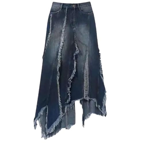 Women High-Waisted with Distressed Frayed Hem and Asymmetrical Design Unique Style Denim Midi Skirt