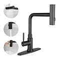 Deseegoal Waterfall Kitchen Faucets with Three Function Pullout Sprayer, Single Handle Faucet for Kitchen Sink 1 or 3 Hole Installation, 360°Rotatable Kitchen Sink Faucet, Black