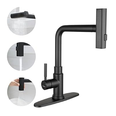 Deseegoal Waterfall Kitchen Faucets with Three Function Pullout Sprayer, Single Handle Faucet for Kitchen Sink 1 or 3 Hole Installation, 360°Rotatable Kitchen Sink Faucet, Black