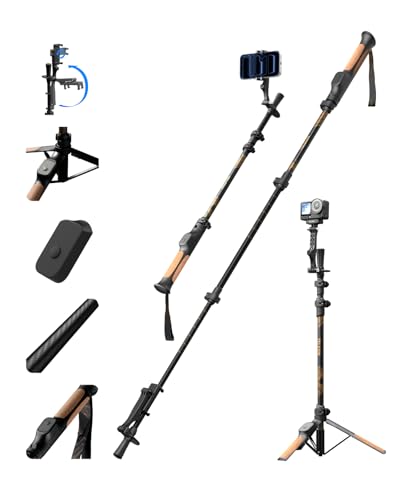 TELESIN TrekShot - Trípode para selfie de fibra de carbono, 3 en 1, estilo senderismo, poste extensible de 58 pulgadas para teléfono y cámaras de acción, trípode de teléfono Vlog para caminatas por