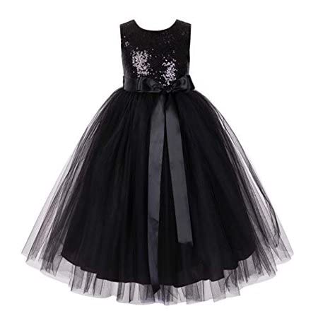 Image of Baby Girl's Round Neck Floor-Length Anarkali Net Satin Evening Dress with Black Sequins Kids Birthday Gown