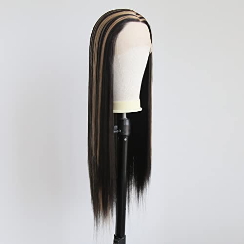 Towarm Balayage Wig Black Highlight #27 Middle Part Synthetic Lace Front Wigs for Black Women Long Straight Natural Heat Resistant Fiber 13x3.5inch Hand Tied Cosplay Wig (Piano Color 1B/#27) - Image 3