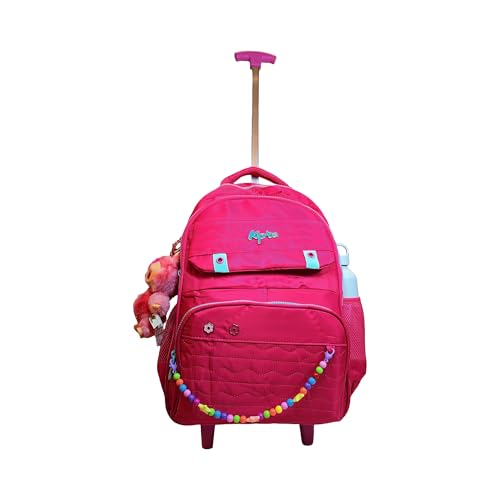 K.pee Mochila Escolar com Rodas, Rosa Pink, Alças Ajustáveis, Pompom Decorativo, Bolsos Múltiplos, Detalhes em Azul Turquesa