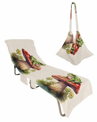 Mushroom Frogs Beach Lounge Chair Towel Cover, Soft Chaise Lounge Towel with Side Pockets Patio Pool Chairs Cover for Beach/Pool Sunbathing 29x85 Spring Floral Green Botanical Rustic
