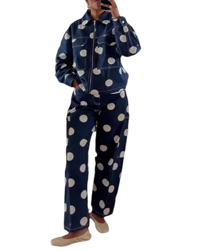 THLAI Denim Women 2 Piece Outfits Polka Dot Print Long
