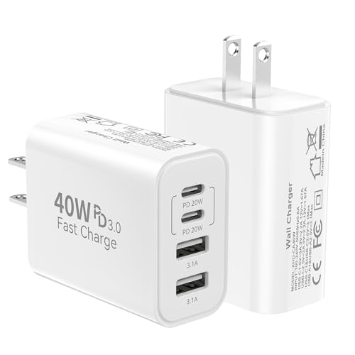 40W USB C Wall Charger Block,4 Port Type C Charger Fast Charging Brick Dual Pd & QC Fast Charger Cube Wall Plug Power Adapter for iPhone 15/14/13/12/11/Pro Max/XS/XR,iPad,Samsung,Pixel,2Pack
