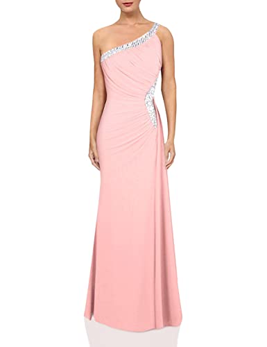 Angel-fashions Women's One Shoulder Ruching Beading Ribbon Soft Evening Gown (M, Light Pink)