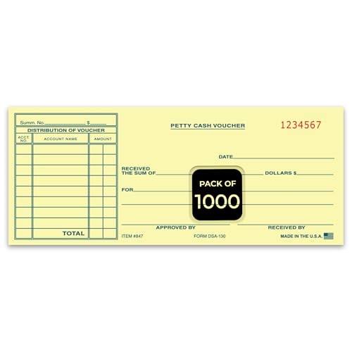 Petty Cash Voucher Book - 8.5 x 3.5 Inch - Canary Pre Printed 1 Part Receipt Forms - Expense Voucher for Cash Disbursement Tracking and Business Accounting Records - Pack of 1000